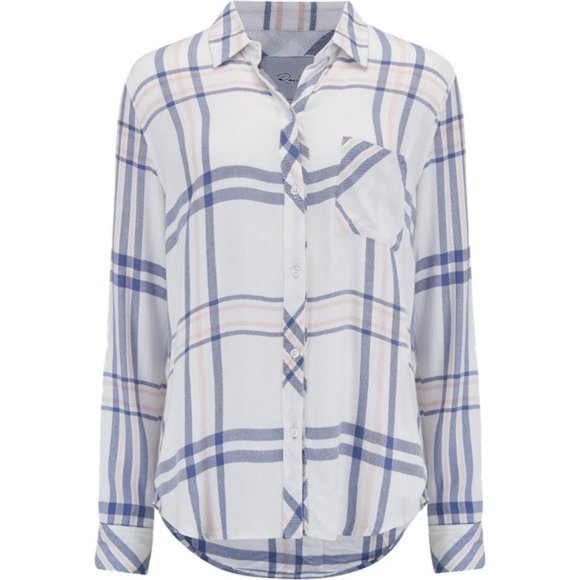 Rails x Anthropologie Hunter Plaid Indigo Powder Blush XS Blue Pink Buttondown - Picture 3 of 11